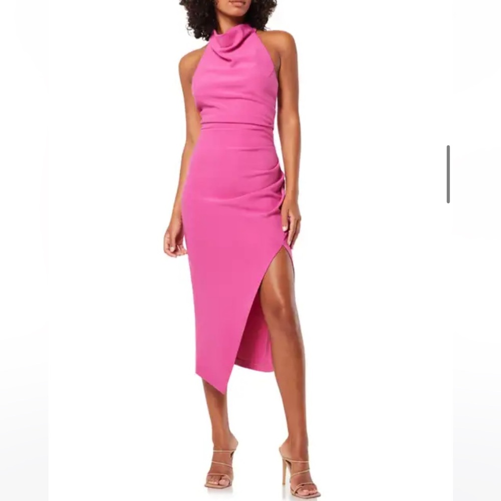Elliatt Hot Pink Asymmetric Halter Midi Dress